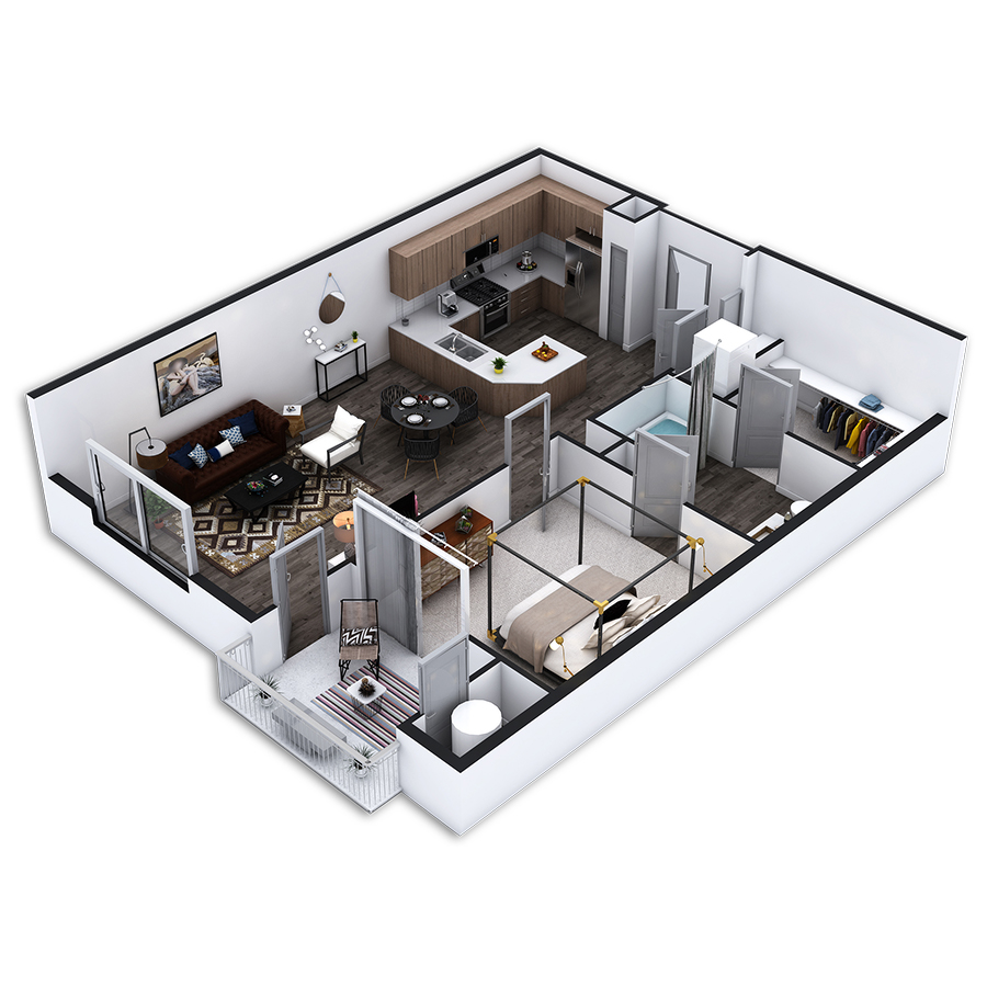Rendering of the Humboldt floor plan with 1 bedroom[s] and 1 bathroom[s] at Griffis Pine Avenue