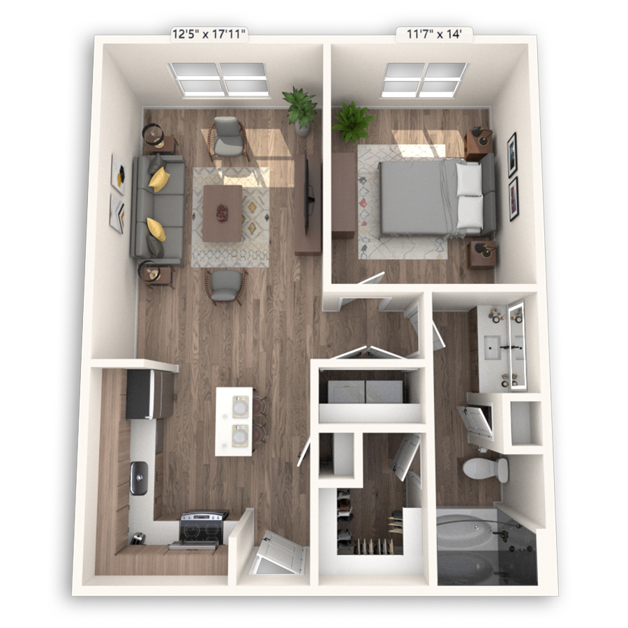 Rendering of the Dubai Platinum floor plan with 1 bedroom[s] and 1 bathroom[s] at Griffis at The Domain