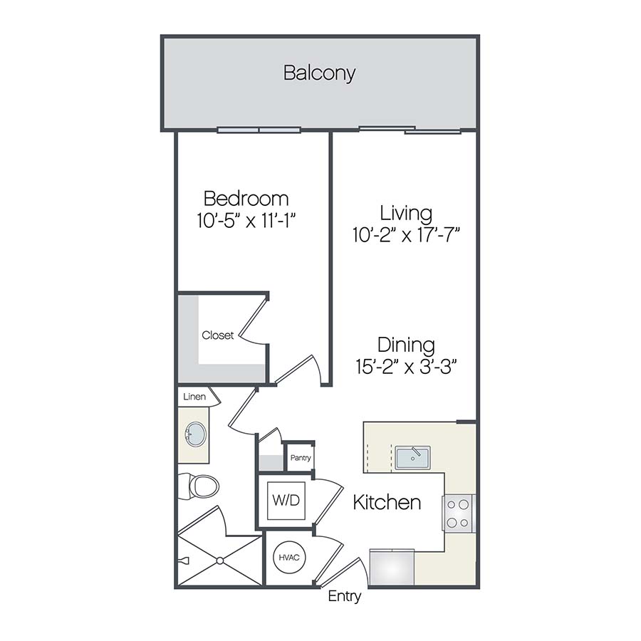 Rendering of the Boynton floor plan with 1 bedroom[s] and 1 bathroom[s] at Griffis West Palm