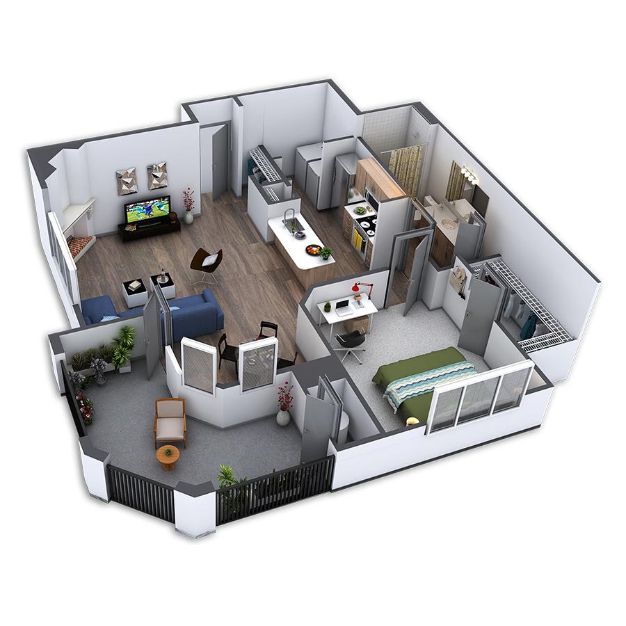 Rendering of the The L Platinum floor plan with 1 bedroom[s] and 1 bathroom[s] at Griffis Belleview Station