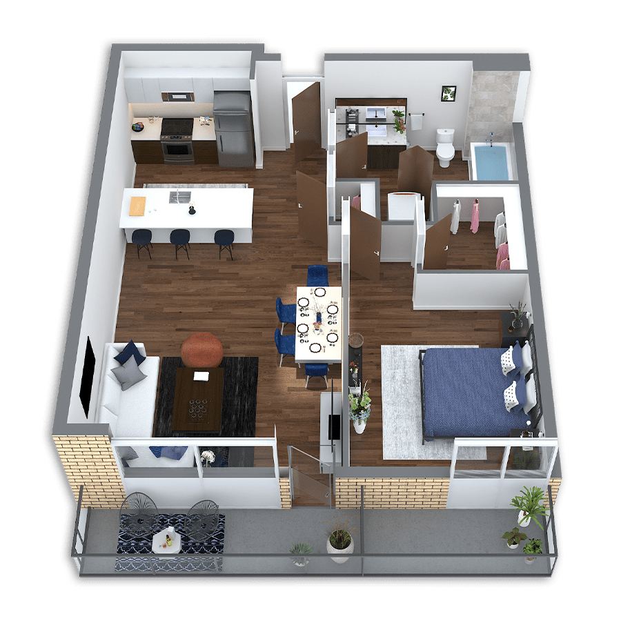 Rendering of the Rogue floor plan with 1 bedroom[s] and 1 bathroom[s] at Griffis South Waterfront