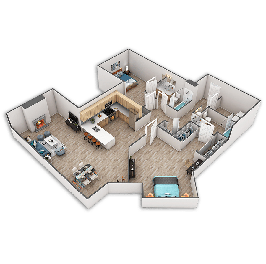 Rendering of the Royal Platinum floor plan with 2 bedroom[s] and 2 bathroom[s] at Griffis Belltown