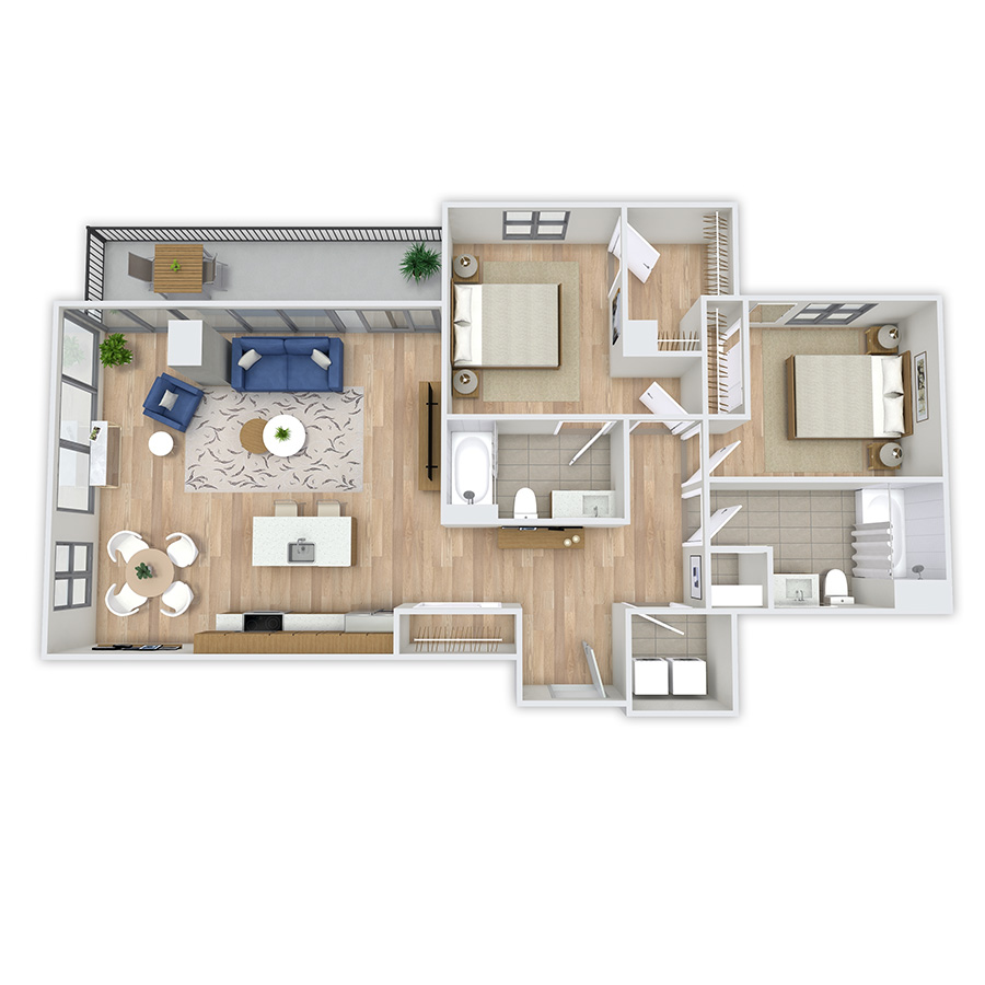 Rendering of the Parnassus floor plan with 2 bedroom[s] and 2 bathroom[s] at Griffis Platform Union Station