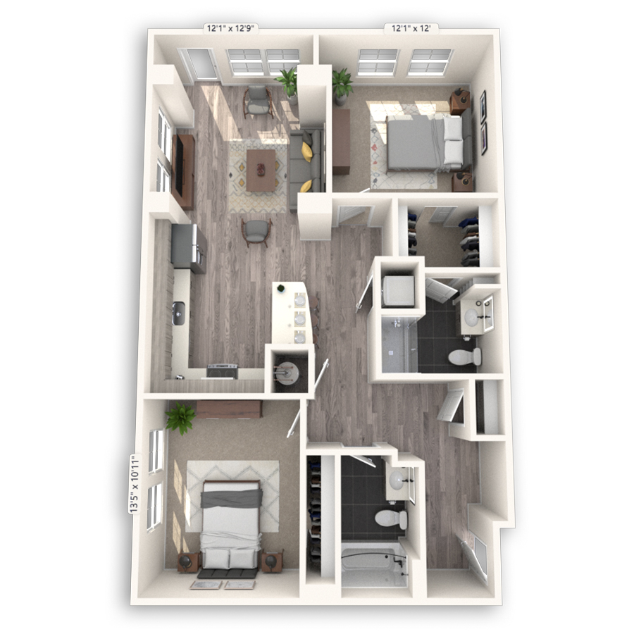Rendering of the Harvard floor plan with 2 bedroom[s] and 2 bathroom[s] at Griffis Cheesman Park