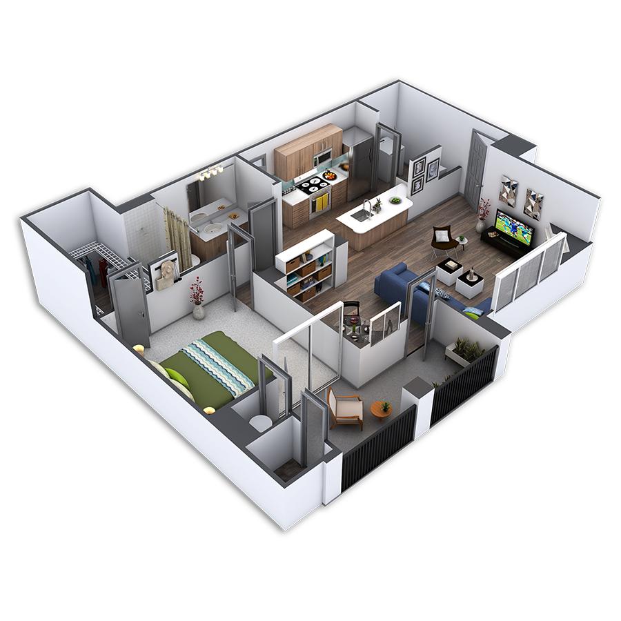 Rendering of the Eurorail Platinum floor plan with 1 bedroom[s] and 1 bathroom[s] at Griffis Belleview Station
