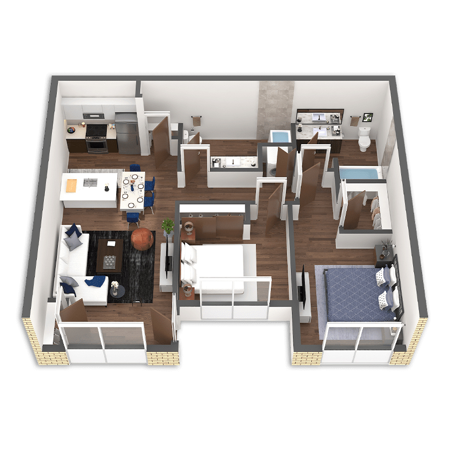 Rendering of the Fall floor plan with 2 bedroom[s] and 2 bathroom[s] at Griffis South Waterfront