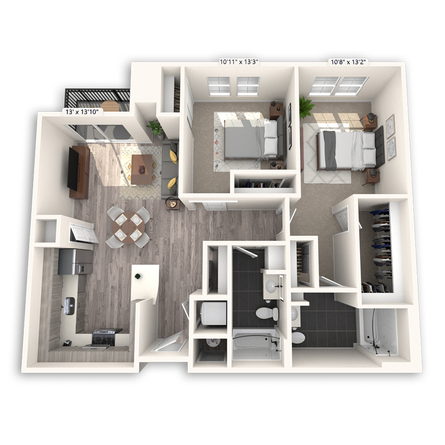 Rendering of the Founders Platinum floor plan with 2 bedroom[s] and 2 bathroom[s] at Griffis Cheesman Park