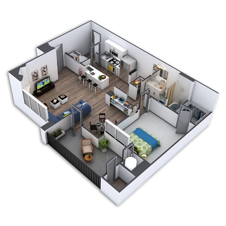 Rendering of the Lynx Custom floor plan with 1 bedroom[s] and 1 bathroom[s] at Griffis Belleview Station