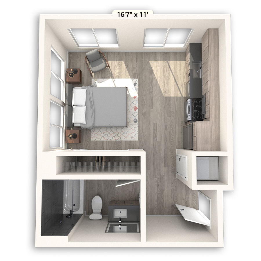 Rendering of the Beacon floor plan with a Studio bedroom and 1 bathroom[s] at Griffis Seattle Waterfront