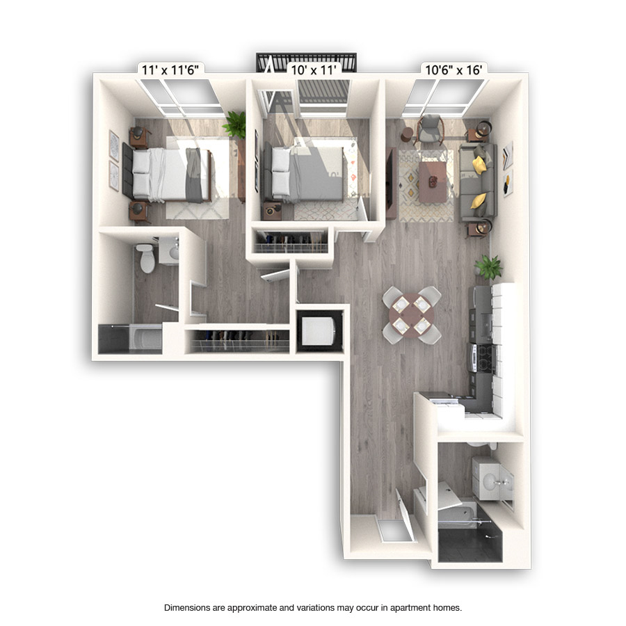 Rendering of the Pueblo floor plan with 2 bedroom[s] and 2 bathroom[s] at Griffis East Village