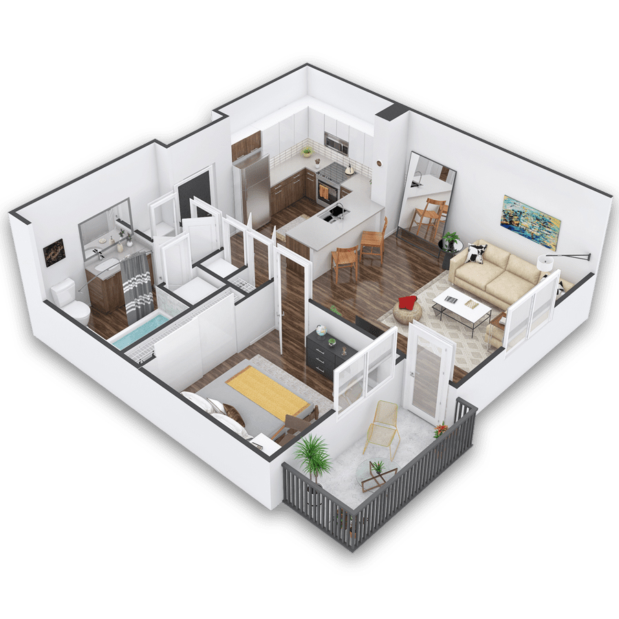 Rendering of the Kelly floor plan with 1 bedroom[s] and 1 bathroom[s] at Griffis Cherry Creek