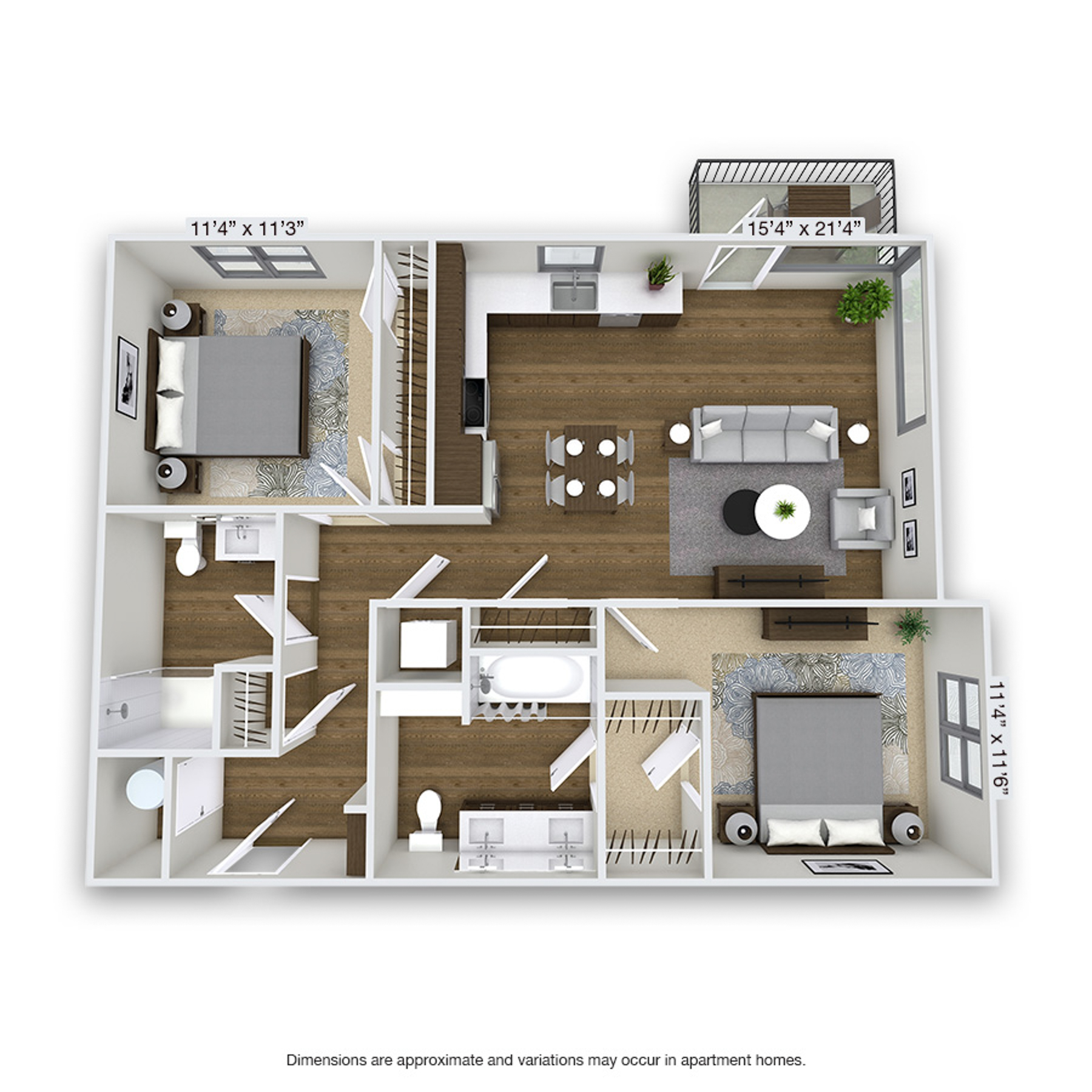 Rendering of the Fairfax floor plan with 2 bedroom[s] and 2 bathroom[s] at Griffis Cherry Creek North