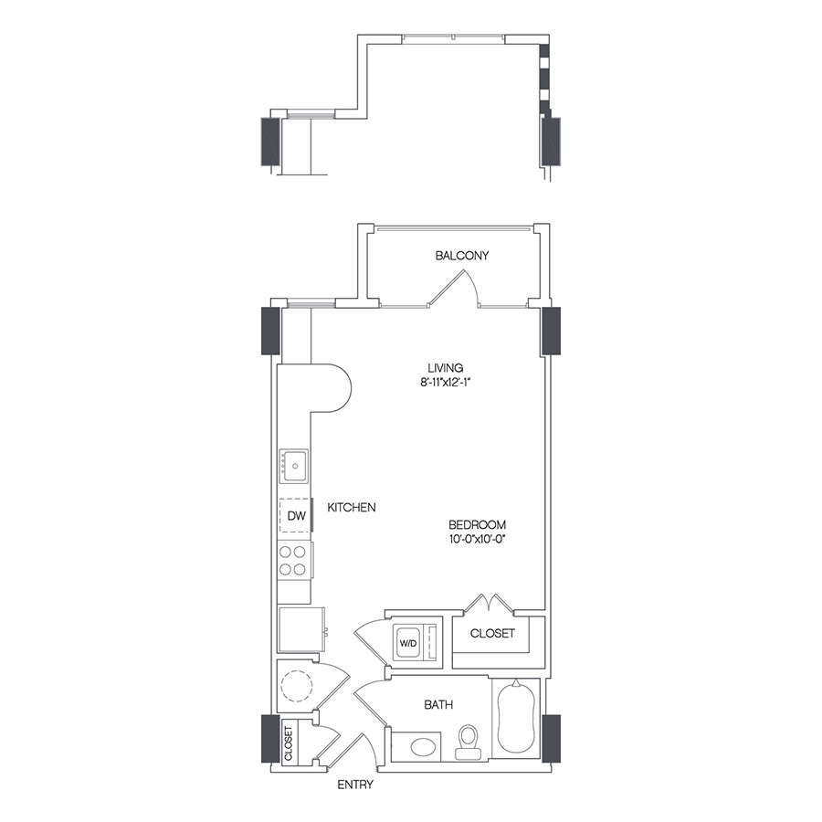 Rendering of the Arbor floor plan with a Studio bedroom and 1 bathroom[s] at Griffis Uptown