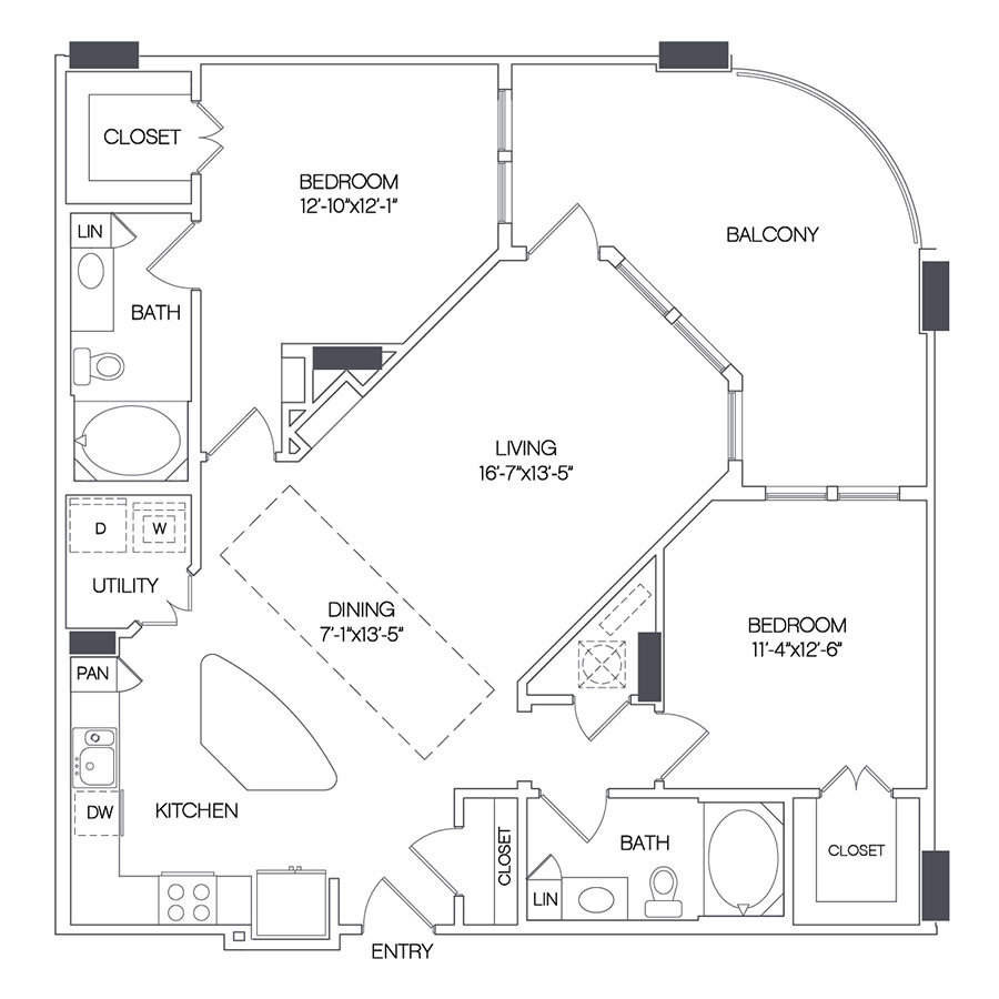 Rendering of the Pleasant floor plan with 2 bedroom[s] and 2 bathroom[s] at Griffis Uptown