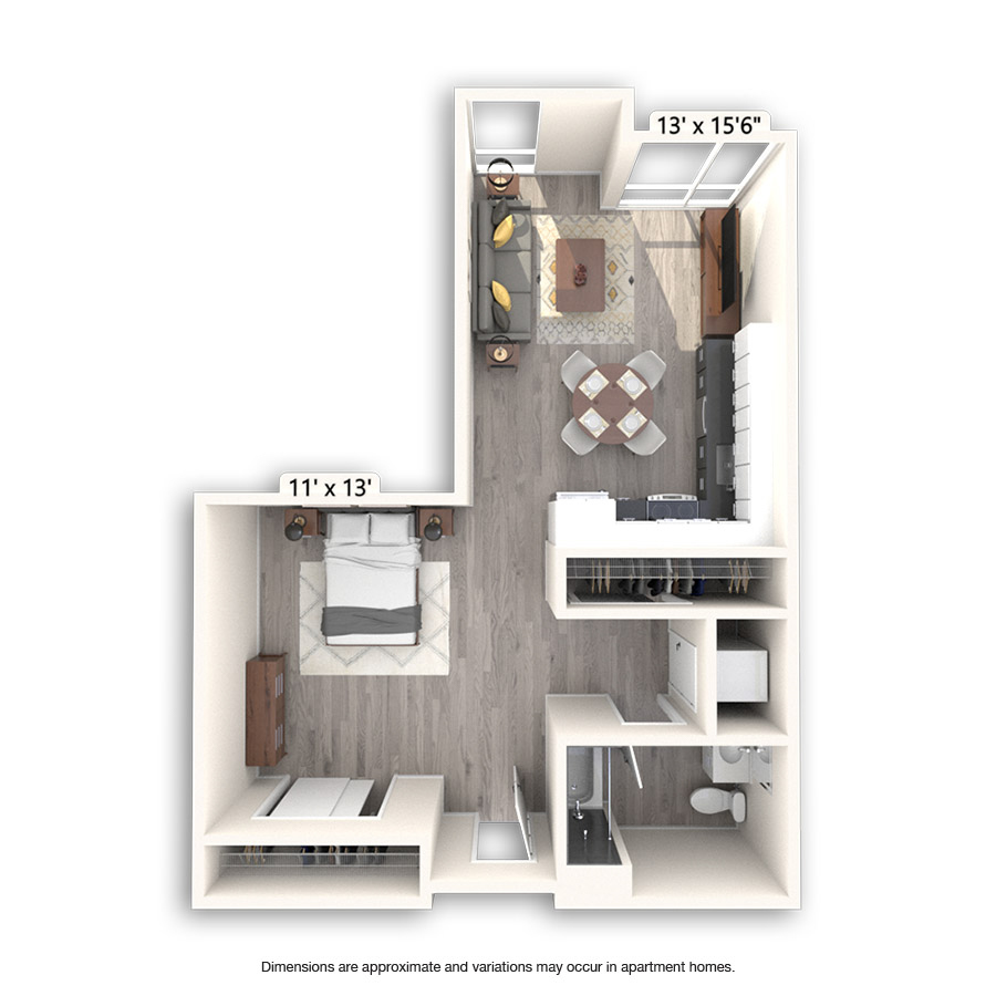 Rendering of the Fletcher floor plan with a Studio bedroom and 1 bathroom[s] at Griffis East Village