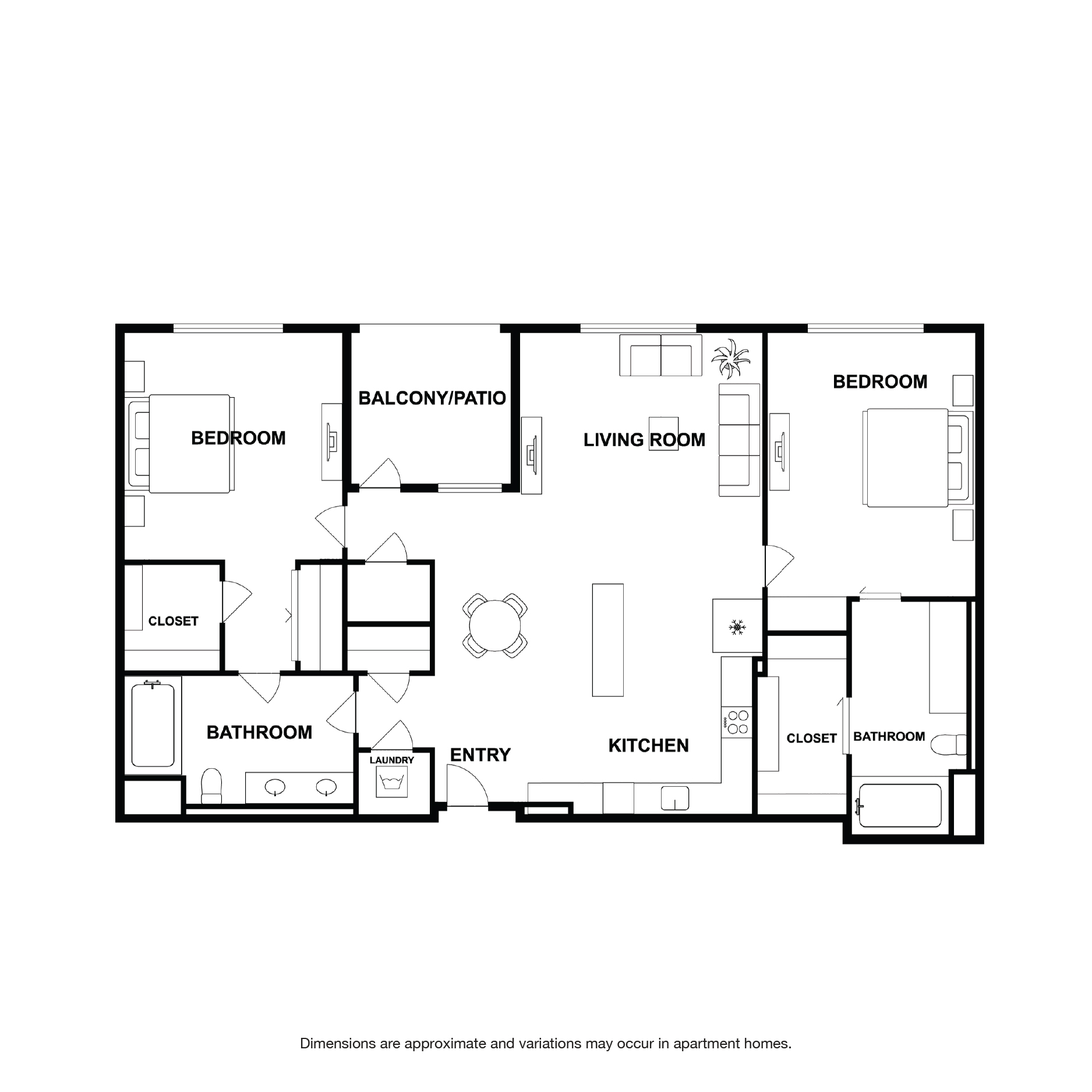 Rendering of the Magnolia floor plan with 2 bedroom[s] and 2 bathroom[s] at Griffis Platinum Triangle