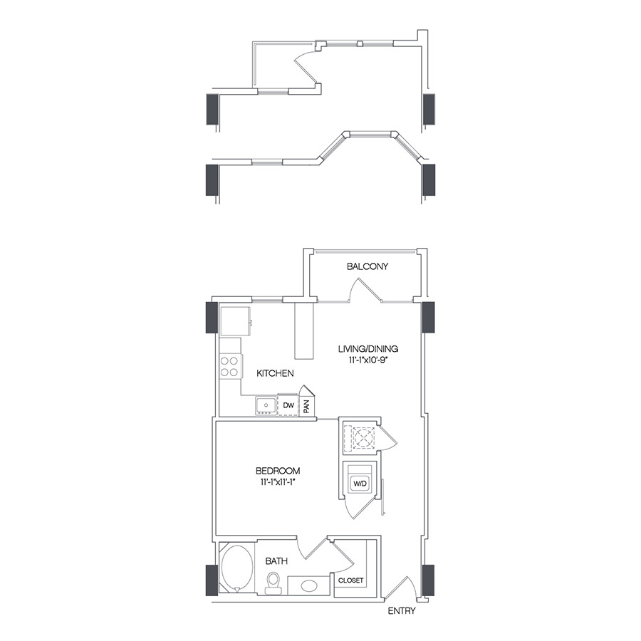 Rendering of the Bachman floor plan with 1 bedroom[s] and 1 bathroom[s] at Griffis Uptown