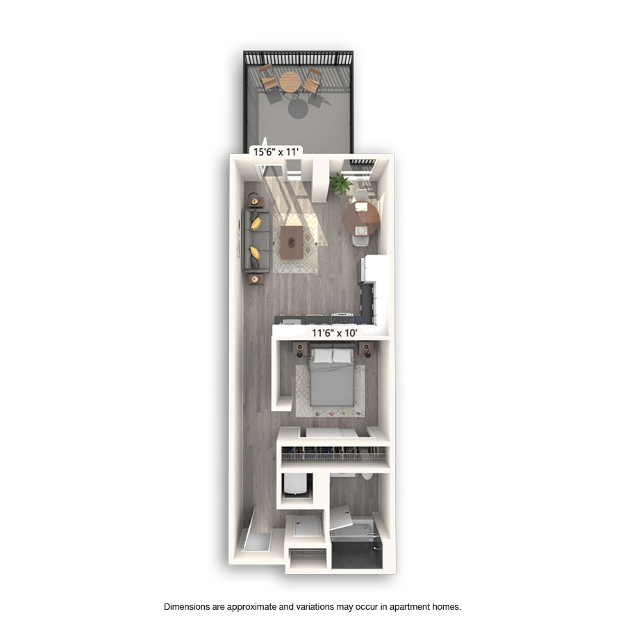 Rendering of the Enterprise floor plan with 1 bedroom[s] and 1 bathroom[s] at Griffis East Village