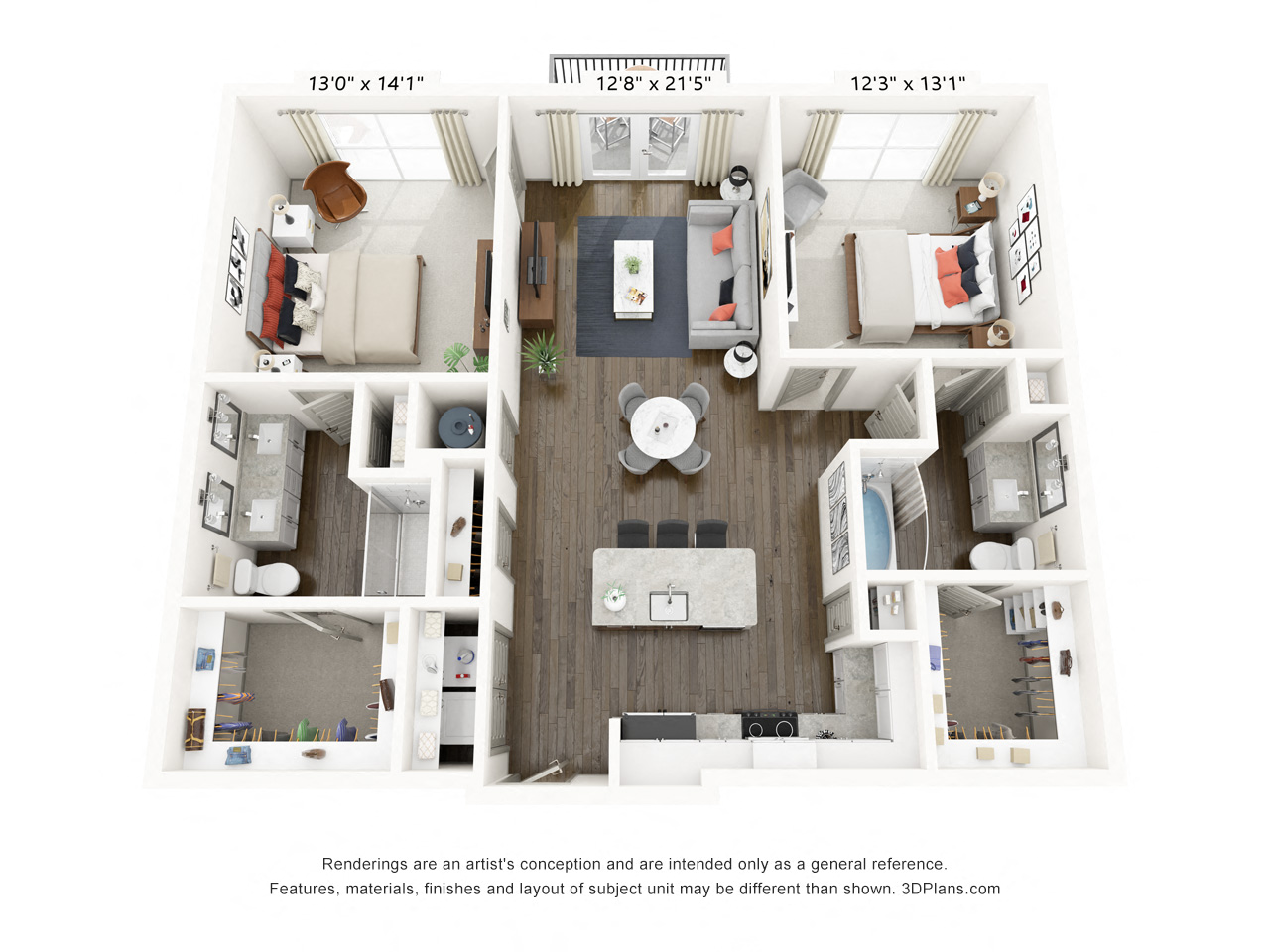 Rendering of the Railhead floor plan with 2 bedroom[s] and 2 bathroom[s] at Griffis Frisco