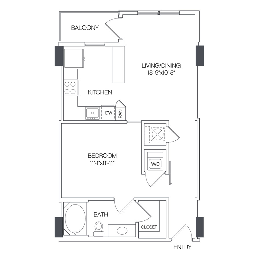 Rendering of the Cottonwood floor plan with 1 bedroom[s] and 1 bathroom[s] at Griffis Uptown