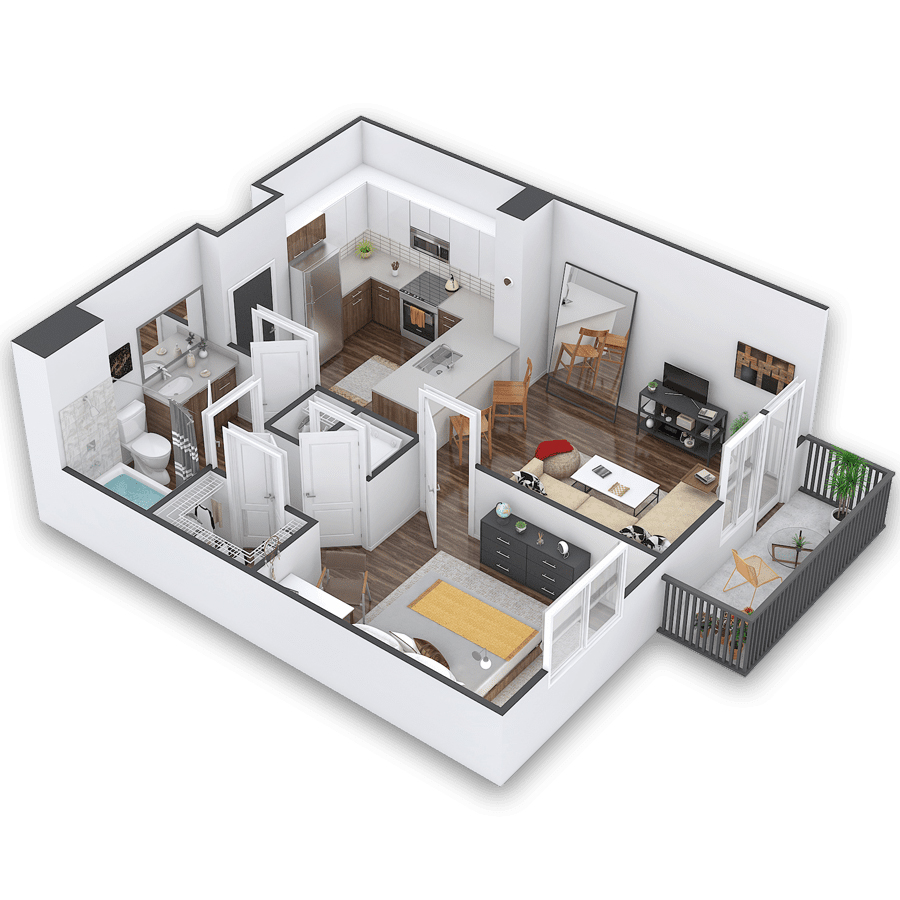 Rendering of the Evans floor plan with 1 bedroom[s] and 1 bathroom[s] at Griffis Cherry Creek