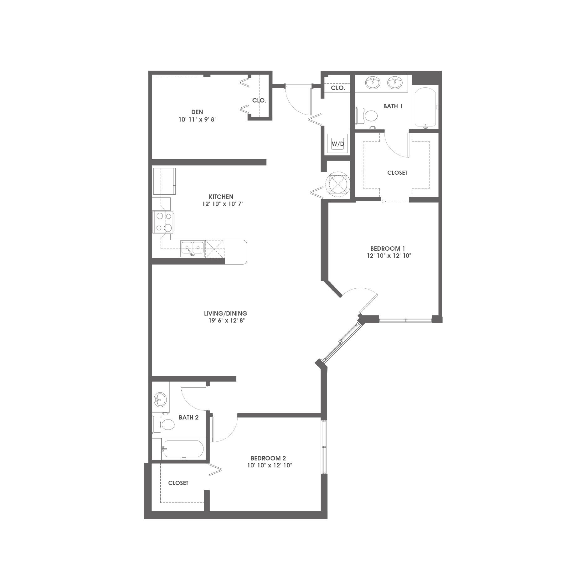 Rendering of the Pompano floor plan with 2 bedroom[s] and 2 bathroom[s] at Griffis Pompano Beach