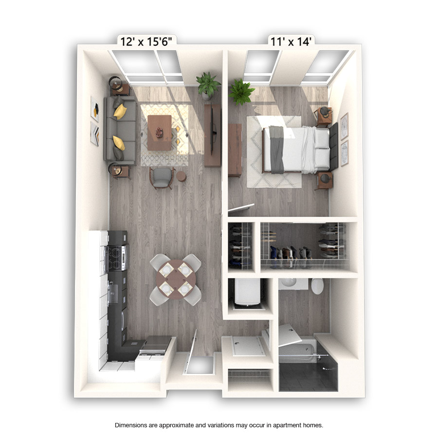 Rendering of the Nautilus floor plan with 1 bedroom[s] and 1 bathroom[s] at Griffis East Village