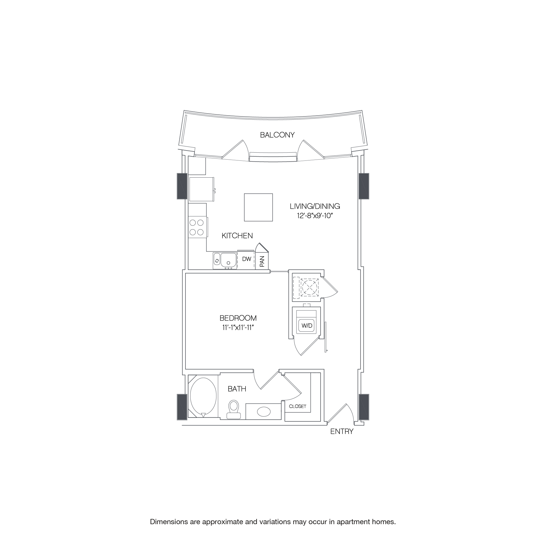 Rendering of the Cedar floor plan with 1 bedroom[s] and 1 bathroom[s] at Griffis Uptown