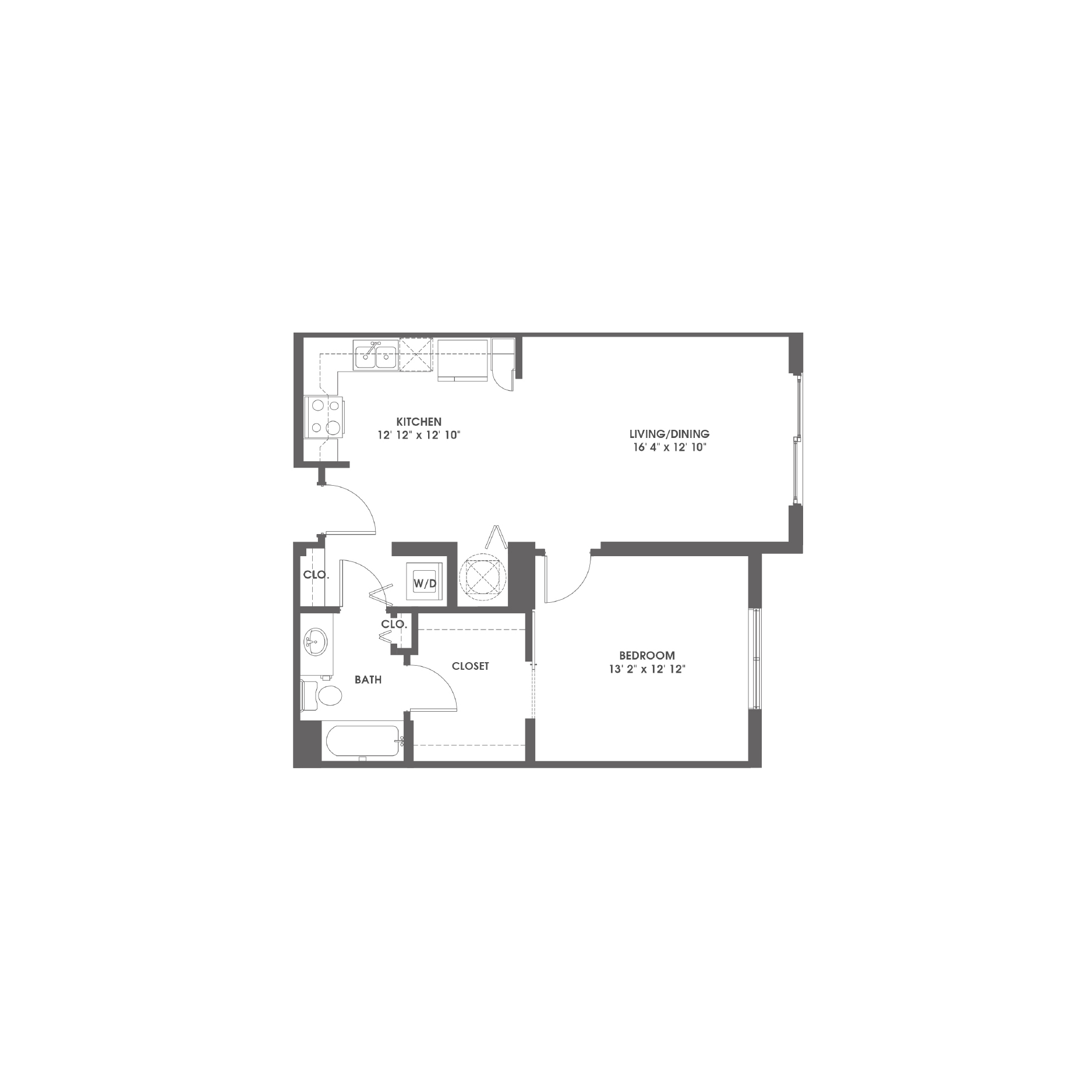 Rendering of the Carlin floor plan with 1 bedroom[s] and 1 bathroom[s] at Griffis Pompano Beach