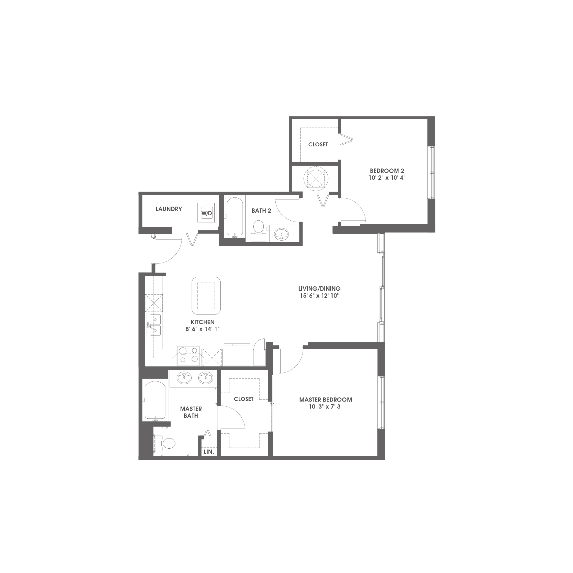 Rendering of the Delray floor plan with 2 bedroom[s] and 2 bathroom[s] at Griffis Pompano Beach