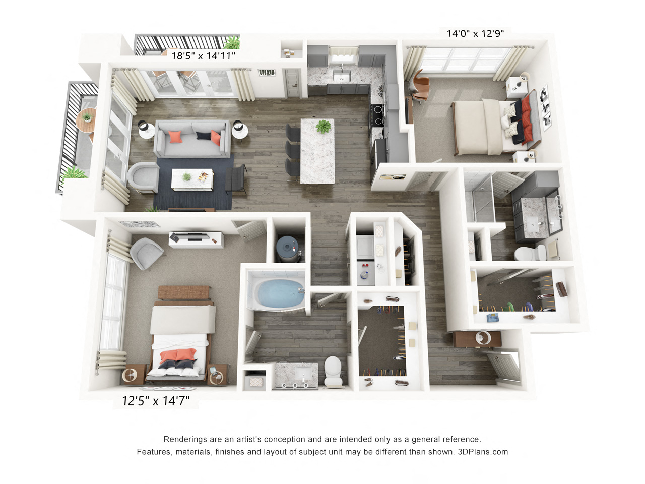 Rendering of the Station floor plan with 2 bedroom[s] and 2 bathroom[s] at Griffis Frisco