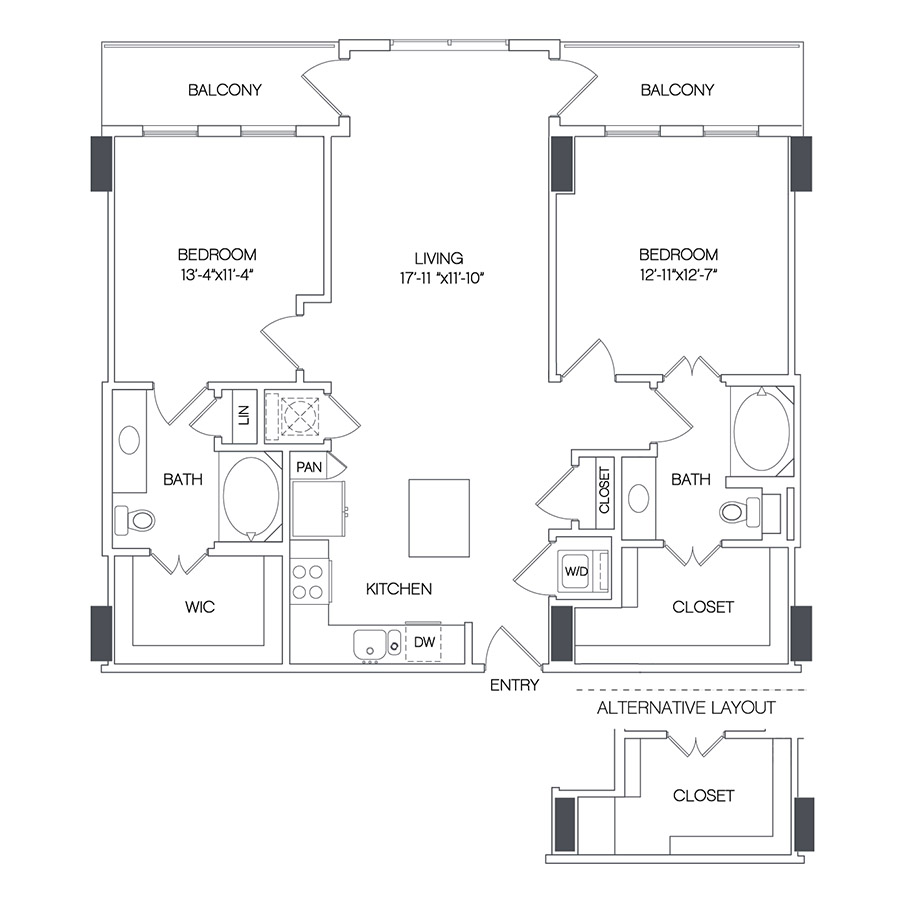 Rendering of the Owens floor plan with 2 bedroom[s] and 2 bathroom[s] at Griffis Uptown
