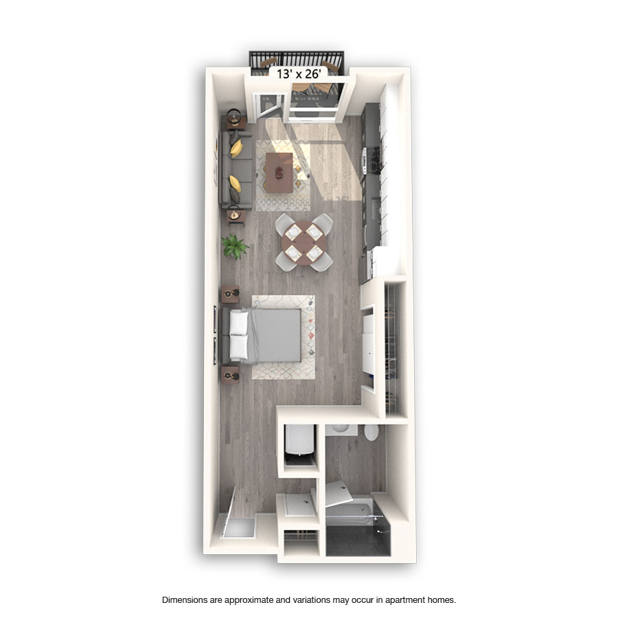 Rendering of the Alabama floor plan with a Studio bedroom and 1 bathroom[s] at Griffis East Village