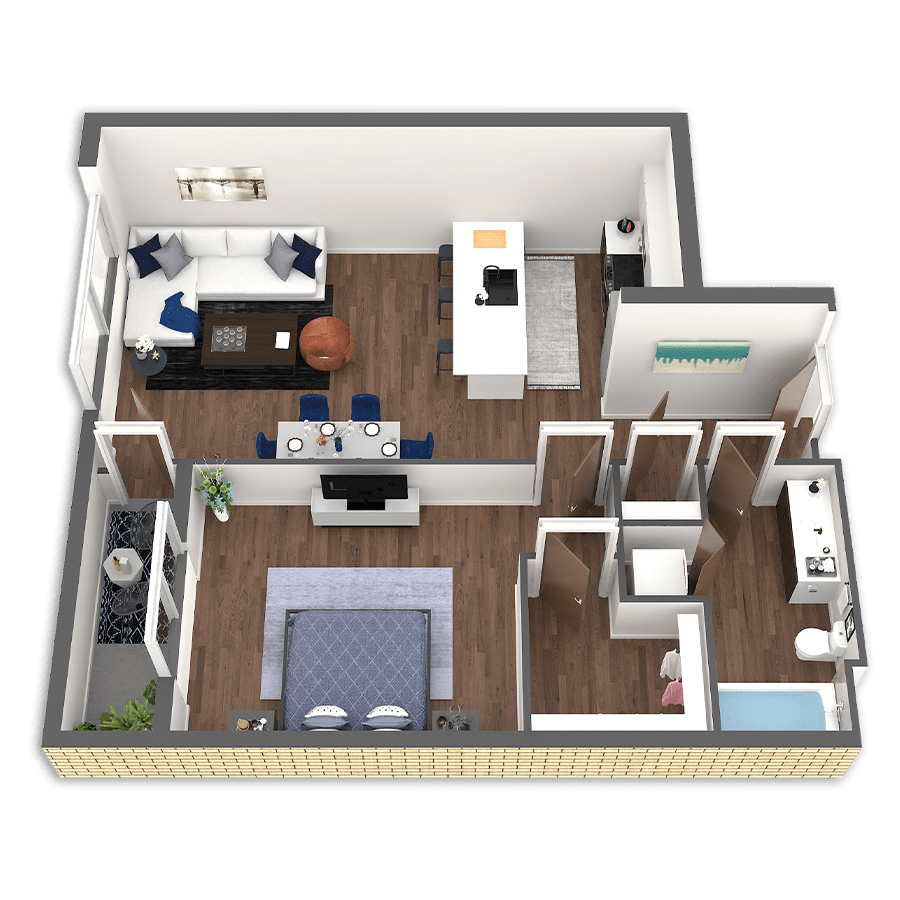 Rendering of the Blue Platinum floor plan with 1 bedroom[s] and 1 bathroom[s] at Griffis South Waterfront
