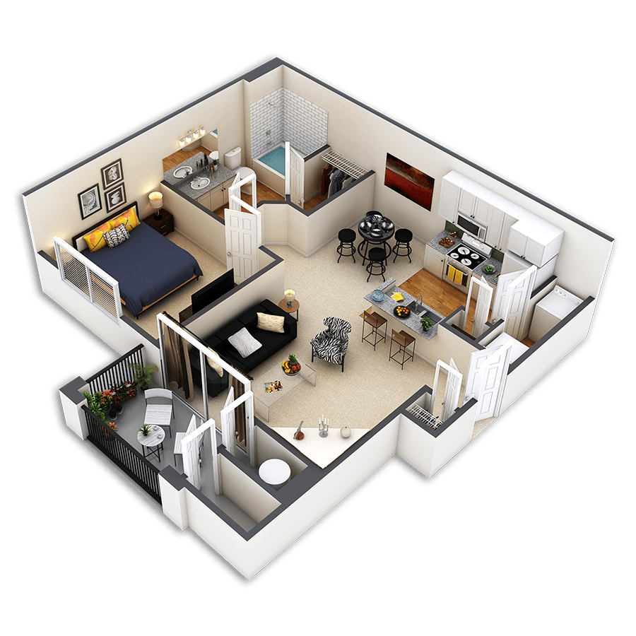 Rendering of the Iris floor plan with 1 bedroom[s] and 1 bathroom[s] at Sagebrook