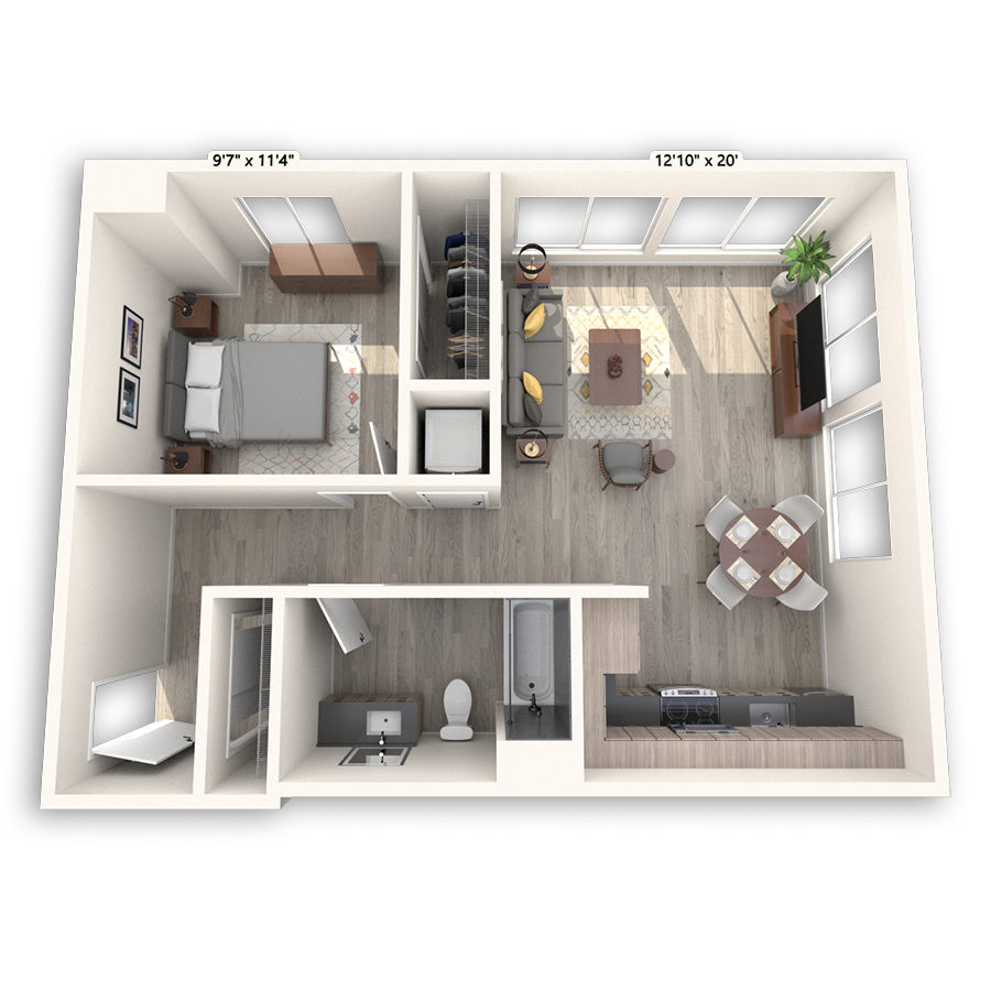 Rendering of the Magnolia Platinum floor plan with 1 bedroom[s] and 1 bathroom[s] at Griffis Seattle Waterfront