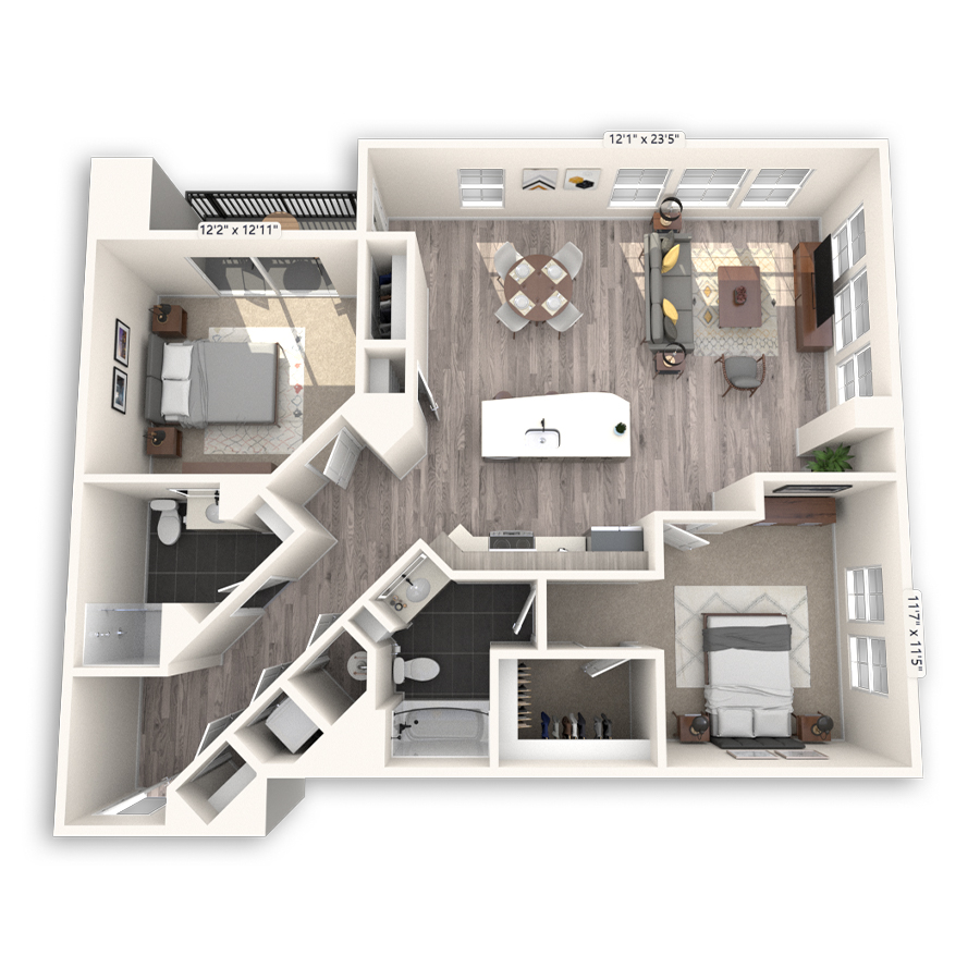 Rendering of the Skyline floor plan with 2 bedroom[s] and 2 bathroom[s] at Griffis Cheesman Park