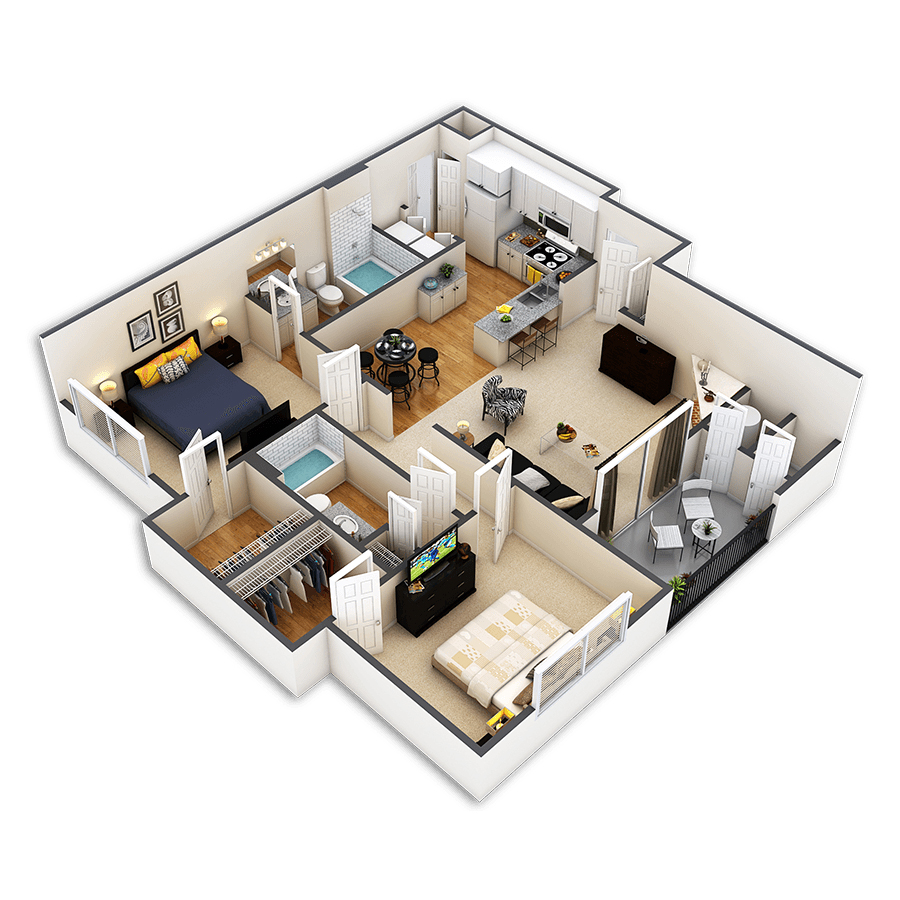 Rendering of the Lantana floor plan with 2 bedroom[s] and 2 bathroom[s] at Sagebrook