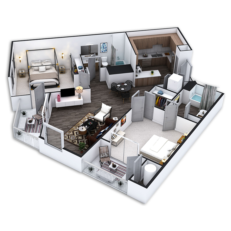 Rendering of the Huntington Platinum floor plan with 2 bedroom[s] and 2 bathroom[s] at Griffis Pine Avenue