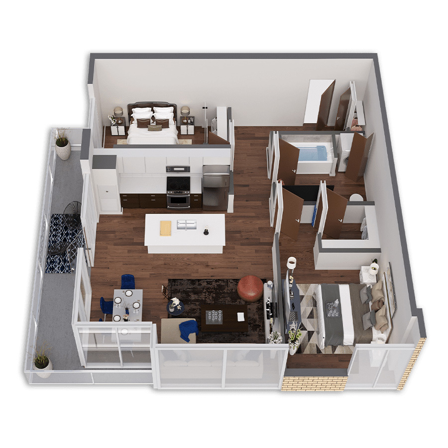 Rendering of the Kings Platinum floor plan with 2 bedroom[s] and 1 bathroom[s] at Griffis South Waterfront