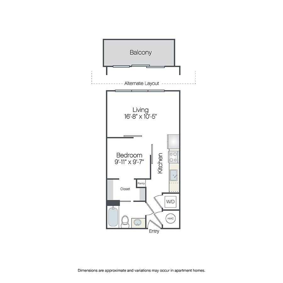 Rendering of the Hollywood floor plan with a Studio bedroom and 1 bathroom[s] at Griffis West Palm