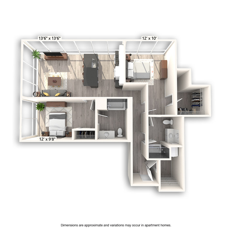 Rendering of the Ranger floor plan with 2 bedroom[s] and 2 bathroom[s] at Griffis East Village