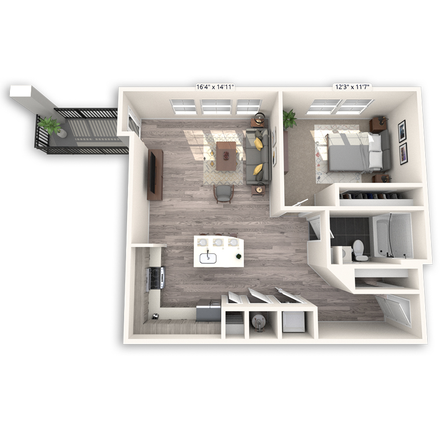 Rendering of the Benedict Platinum floor plan with 1 bedroom[s] and 1 bathroom[s] at Griffis Cheesman Park