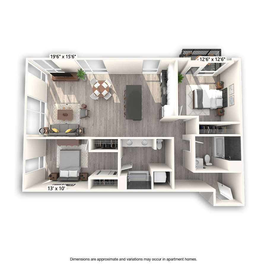 Rendering of the San Diego floor plan with 2 bedroom[s] and 2 bathroom[s] at Griffis East Village