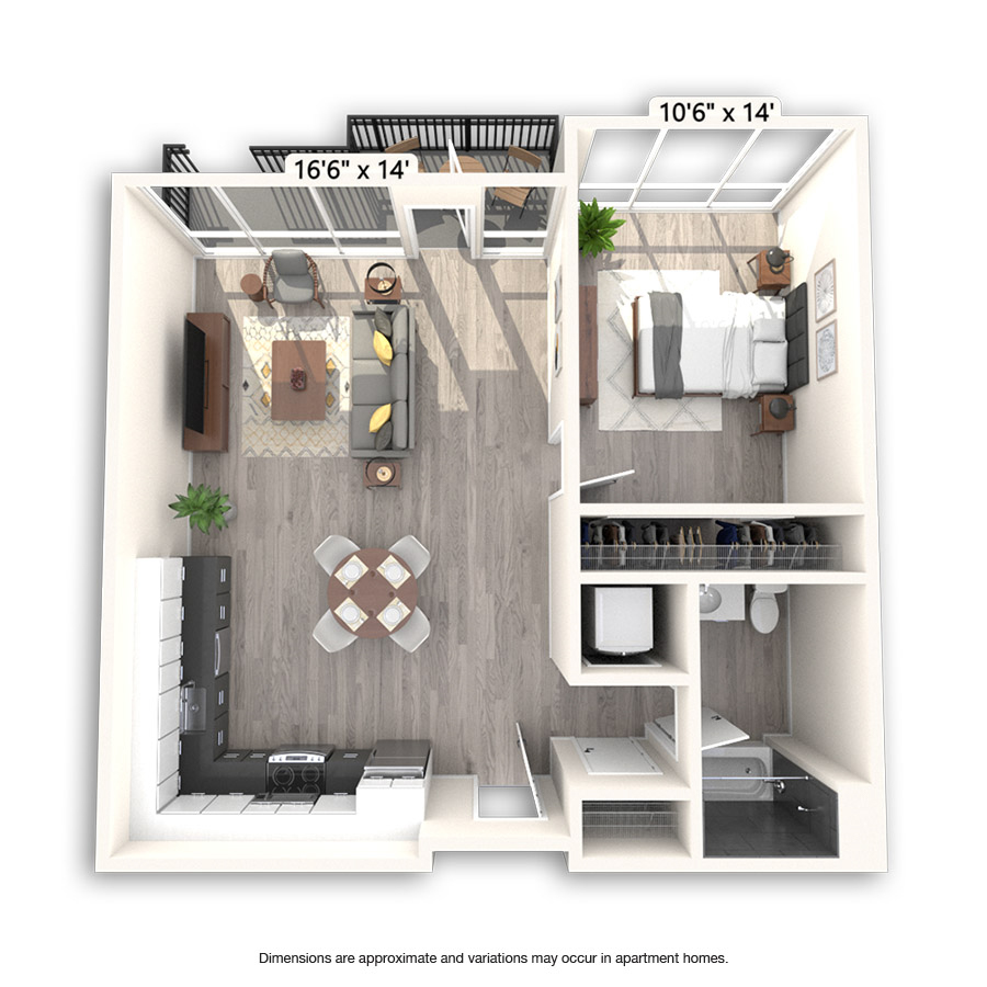 Rendering of the Forrestal floor plan with 1 bedroom[s] and 1 bathroom[s] at Griffis East Village