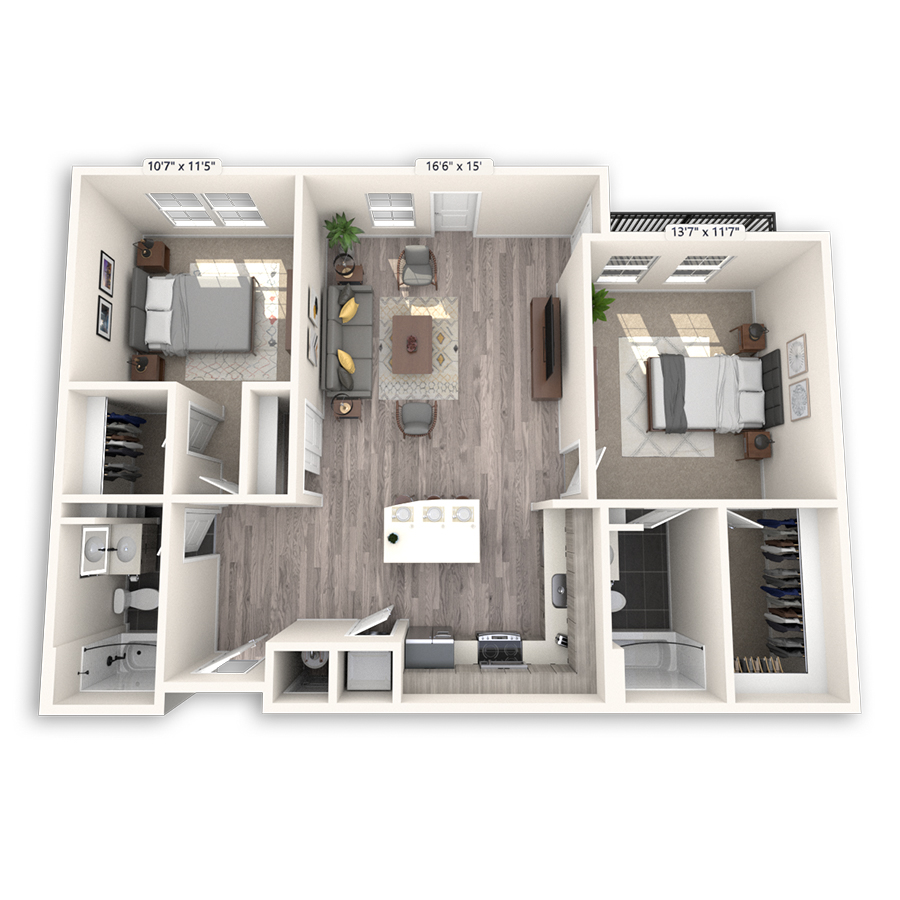 Rendering of the Berkeley Platinum floor plan with 2 bedroom[s] and 2 bathroom[s] at Griffis Cheesman Park