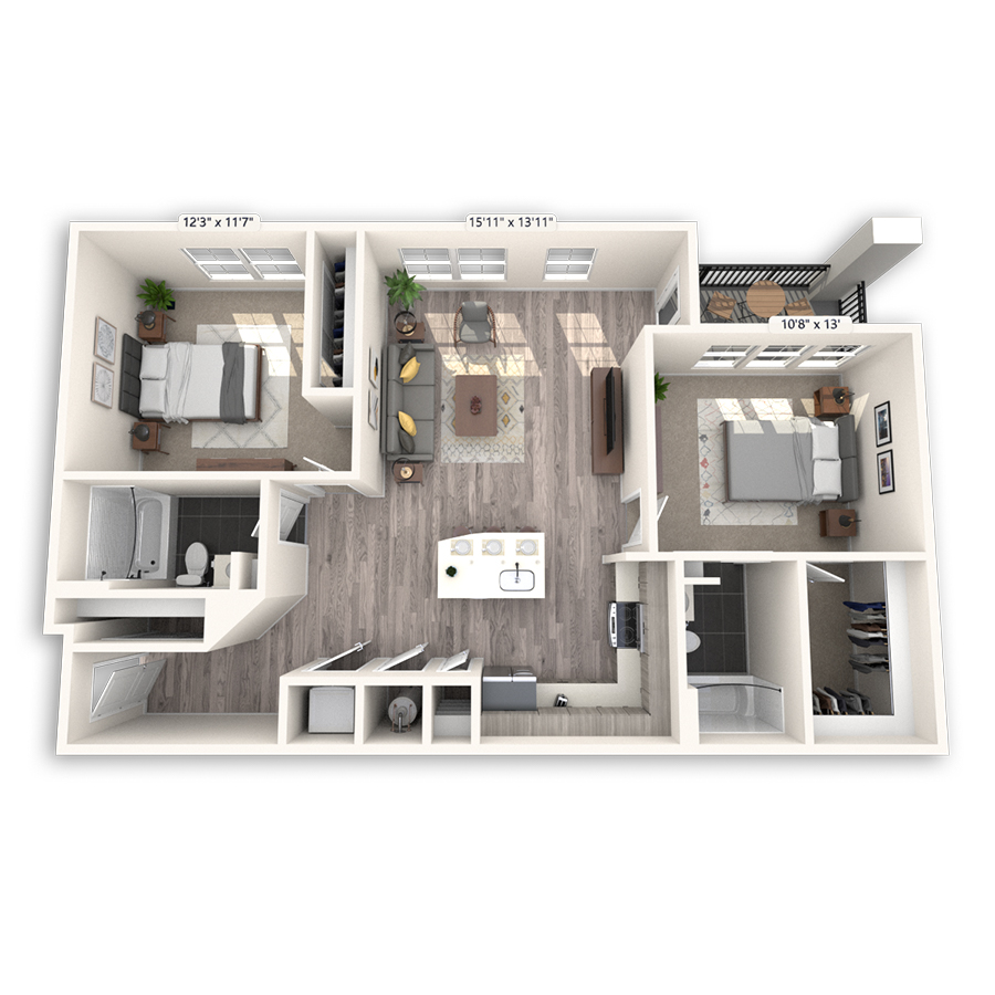 Rendering of the Sculpture Platinum floor plan with 2 bedroom[s] and 2 bathroom[s] at Griffis Cheesman Park