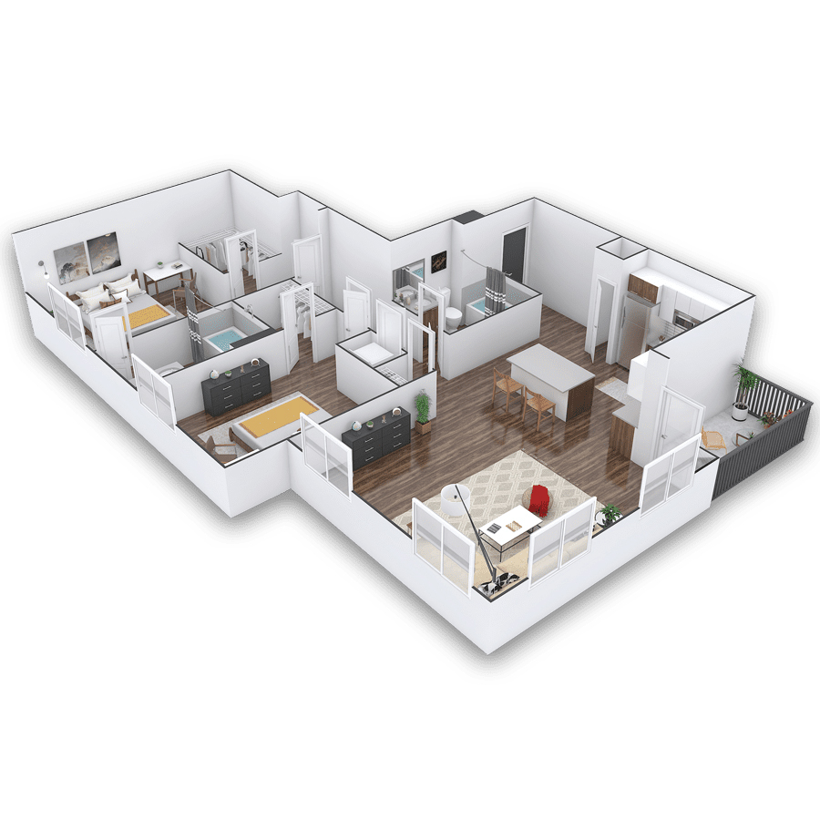 Rendering of the Ullrich floor plan with 2 bedroom[s] and 2 bathroom[s] at Griffis Cherry Creek