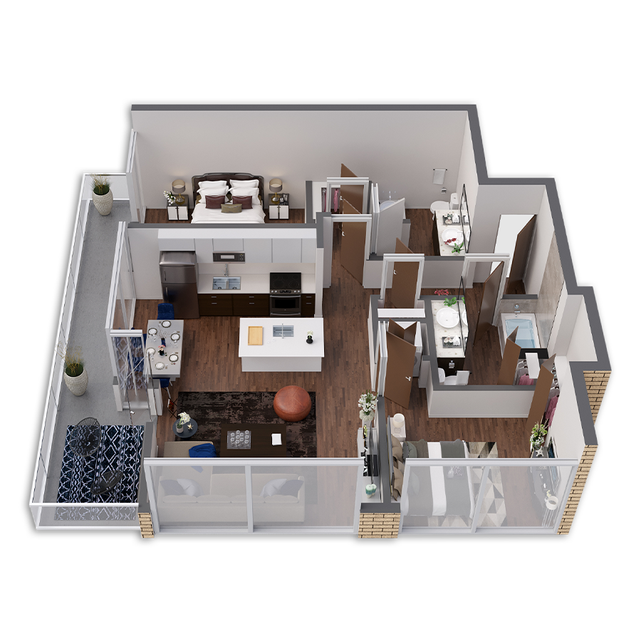 Rendering of the Link floor plan with 2 bedroom[s] and 2 bathroom[s] at Griffis South Waterfront