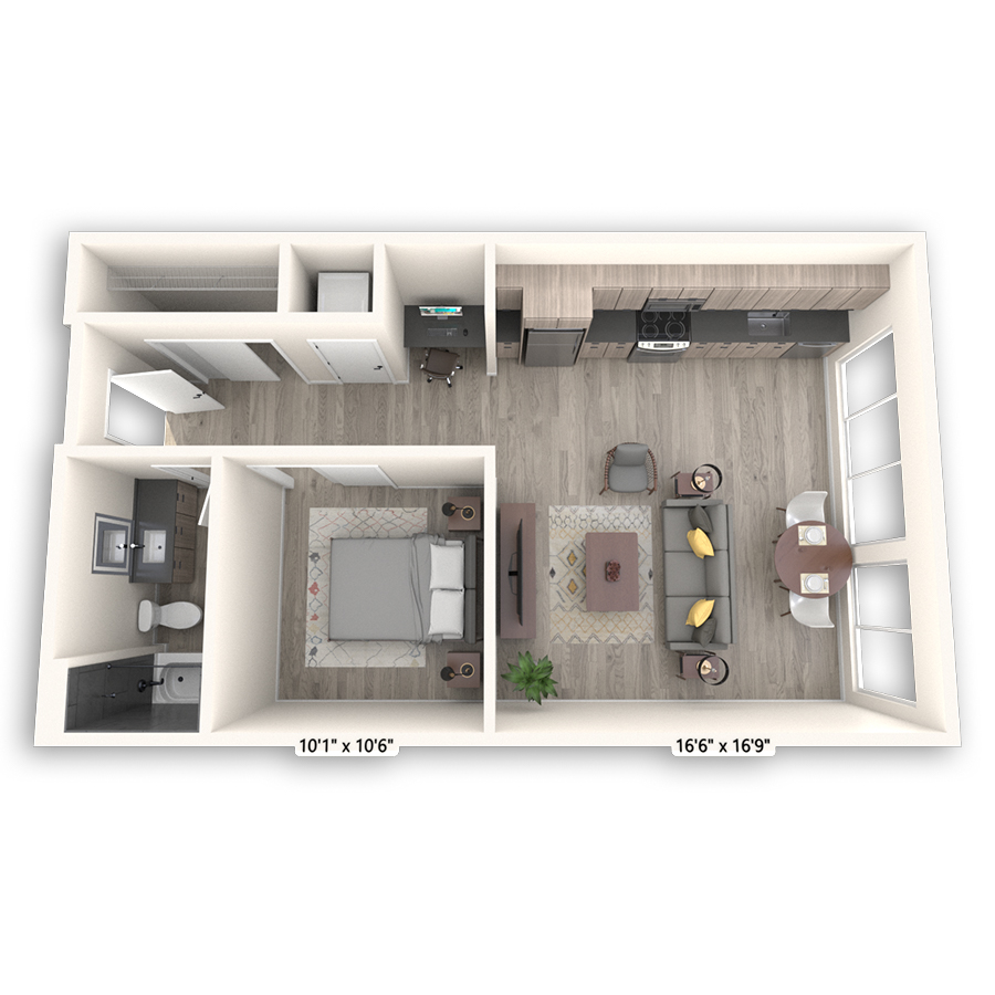 Rendering of the Fremont II Platinum floor plan with 1 bedroom[s] and 1 bathroom[s] at Griffis Seattle Waterfront